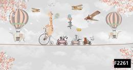 Bisikletli hayvanlar uçan balonlar çocuk odası duvar kağıdı f2261