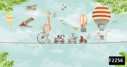 Bisikletli zürafa uçak uçan balon çocuk odası duvar kağıdı f2256