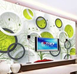 Dairesel Ağaçlar ve Kuşlar TV Ünitesi Arkası 3D Duvar Kağıdı