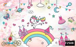 Gökkuşağı unicorn şato prenses çocuk odası duvar kağıdı f2508