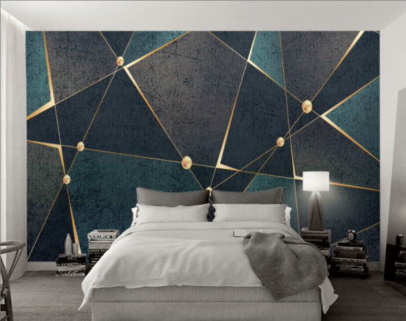 Gold Mavi Geometrik Desenli 3D Duvar Kağıdı - 2