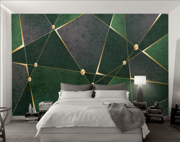 Gold Yeşil Geometrik Desenli 3D Duvar Kağıdı - 2