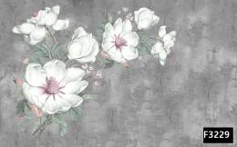 Gri fonda beyaz çiçekler 3d duvar kağıdı f3229