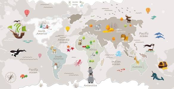 Hayvanlı Çocuk odası Dünya Haritalı duvar kağıdı - 0
