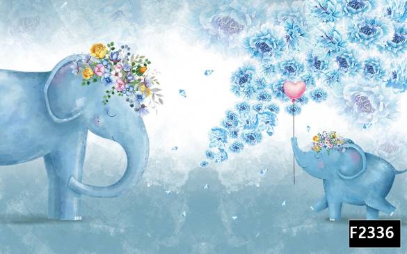 Mavi çiçekler sevimli filler çocuk odası duvar kağıdı f2336 - 0