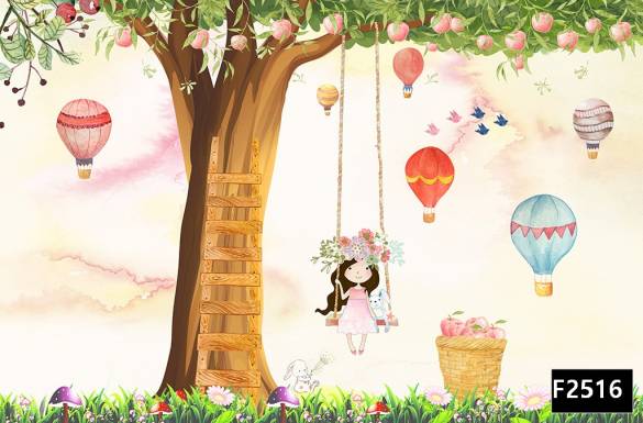 Salıncakta kız uçan balon çocuk odası duvar kağıdı f2516 - 0