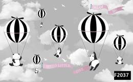 Siyah beyaz uçan balon pandalar çocuk odası duvar kağıdı f2037