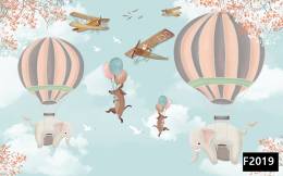 Uçan balonda filler uçaklar çocuk odası duvar kağıdı f2019