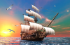 Yelkenli Gemi Gün Batımı Hırçın Deniz Duvar Kağıdı - Thumbnail (1)