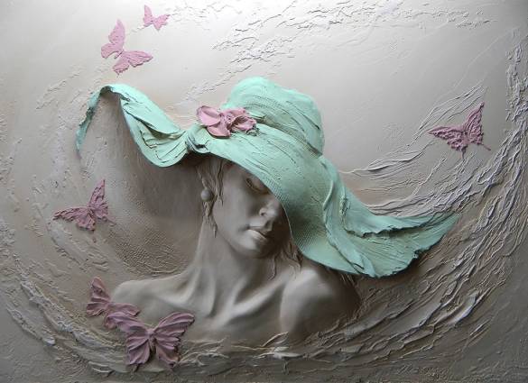 Yeşil Şapkalı Kadın ve Kelebek Desenli 3D Duvar Kağıdı - 0