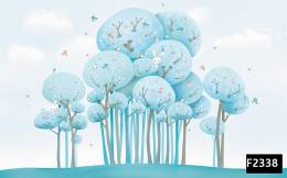 Açık mavi ağaçlar hayvanlar çocuk odası duvar kağıdı f2338
