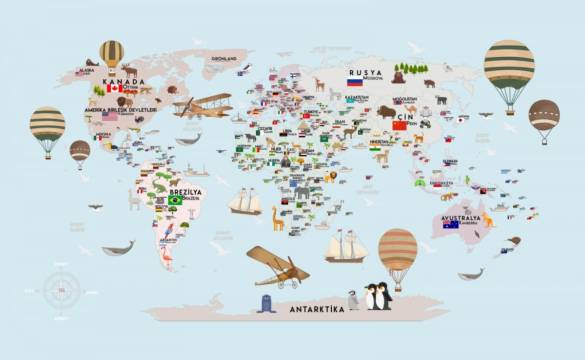 Açık Mavi Fon Başkentli Balonlu Dünya Haritası - 0