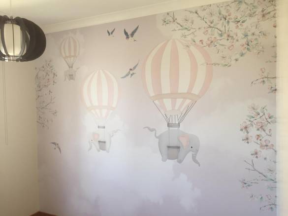 Balonda Fil uçuyor Kelebekli Çiçekli çocuk odası duvar kağıdı - 1