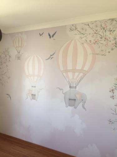 Balonda Fil uçuyor Kelebekli Çiçekli çocuk odası duvar kağıdı - 2