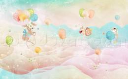 Balonlu Geyikler Suluboya çocuk duvar kağıdı