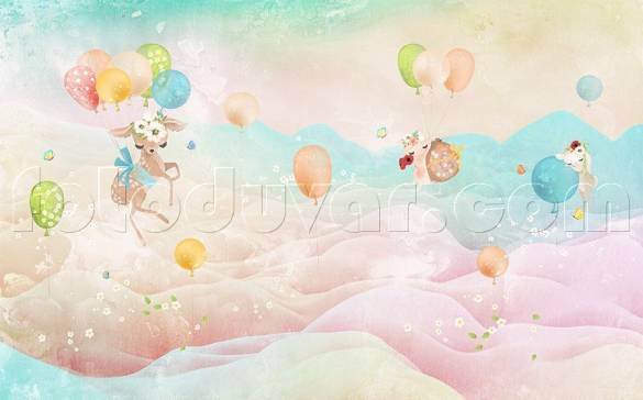 Balonlu Geyikler Suluboya çocuk duvar kağıdı - 0