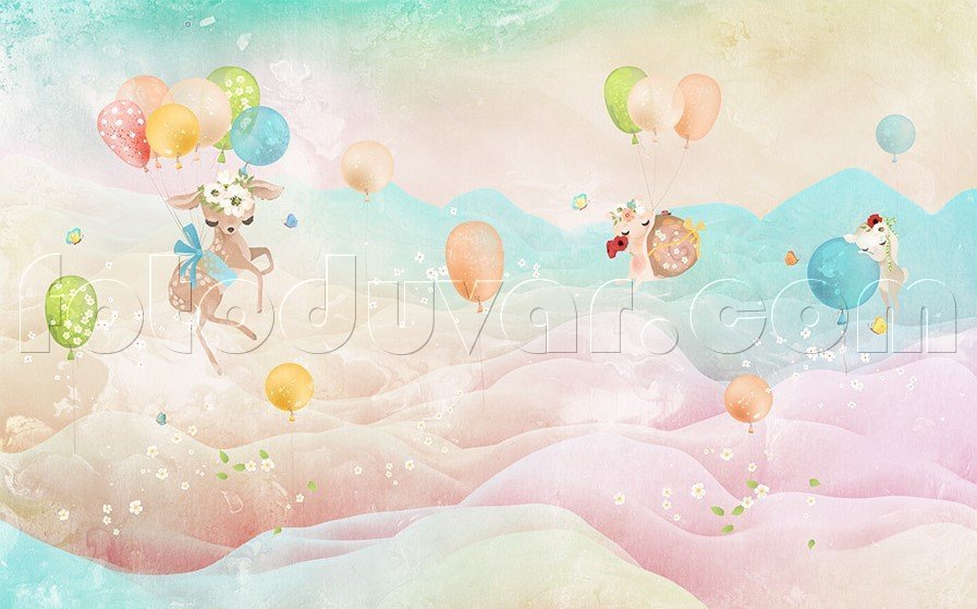 Sulu boya çocuk odası duvar kağıdı uçan balonlar bebek odası duvar kağıdı