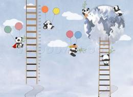 Balonlu Pandalar Merdivenli Boy ölçer çocuk odası duvar kağıdı