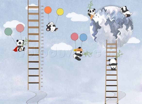 Balonlu Pandalar Merdivenli Boy ölçer çocuk odası duvar kağıdı - 0