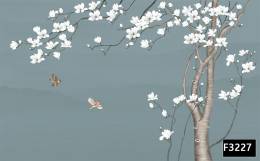 Beyaz çiçekli ağaç kuşlar 3d duvar kağıdı f3227