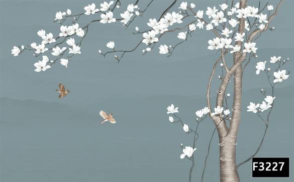 Beyaz çiçekli ağaç kuşlar 3d duvar kağıdı f3227 - 0