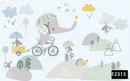 Bisikletli fil fareler bulutlar çocuk odası duvar kağıdı f2313