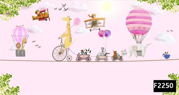 Bisikletli hayvanlar pembe balon çocuk odası duvar kağıdı f2250 - 0