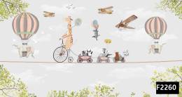 Bisikletli hayvanlar uçaklar çocuk odası duvar kağıdı f2260