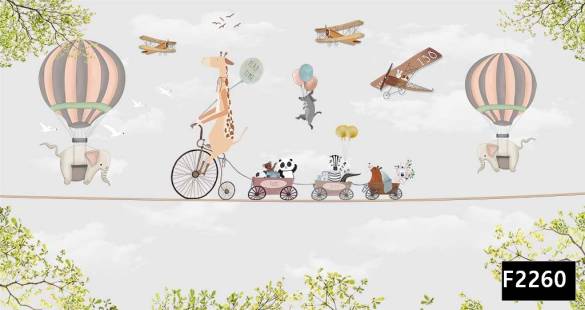 Bisikletli hayvanlar uçaklar çocuk odası duvar kağıdı f2260 - 0