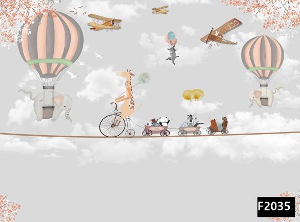 Bisikletli hayvanlar uçan balonda fil çocuk odası duvar kağıdı f2035 - 0