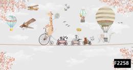 Bisikletli zürafa çiçek uçan balon çocuk odası duvar kağıdı f2258