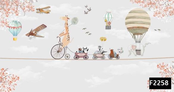 Bisikletli zürafa çiçek uçan balon çocuk odası duvar kağıdı f2258 - 0