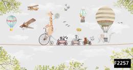 Bisikletli zürafa çiçekler uçaklar çocuk odası duvar kağıdı f2257