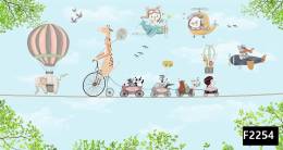 Bisikletli zürafa uçaklar çiçekler çocuk odası duvar kağıdı f2254