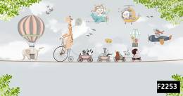 Bisikletli zürafa uçakta hayvanlar çocuk odası duvar kağıdı f2253