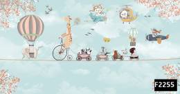 Bisikletli zürafa uçan balon uçak çocuk odası duvar kağıdı f2255