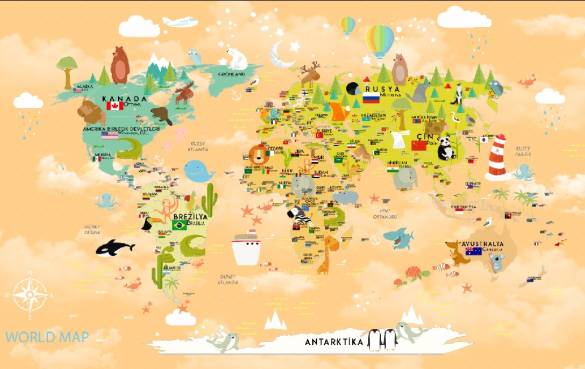 Çocuk odası dünya haritası duvar kağıdı - 30