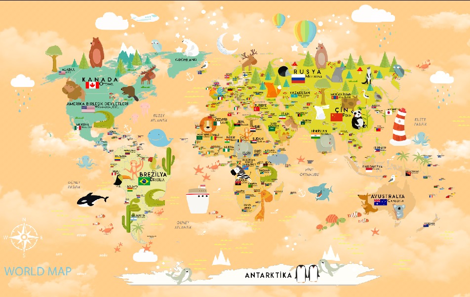 Dünya haritası çocuk odası duvar kağıdı hayvanlı bayraklı Türkçe bebek odası duvar kağıdı