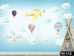 Çocuk Odası Uçak Balonlu Duvar Kağıdı