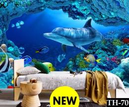 Çocuk Odası Yunus Balıklı 3D Duvar Kağıdı