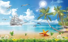 Deniz sahil palmiye deniz yıldızı kuşlar gemi
