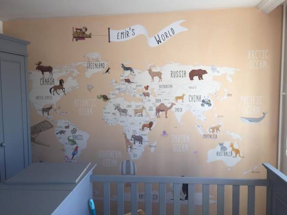 Dünya haritası çocuk odası duvar kağıdı turuncu fon bebek odası duvar kağıdı