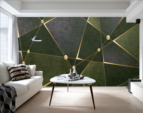 Gold Açık Yeşil Geometrik Desenli 3D Duvar Kağıdı - 3