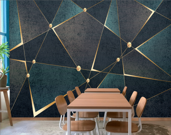 Gold Mavi Geometrik Desenli 3D Duvar Kağıdı - 4