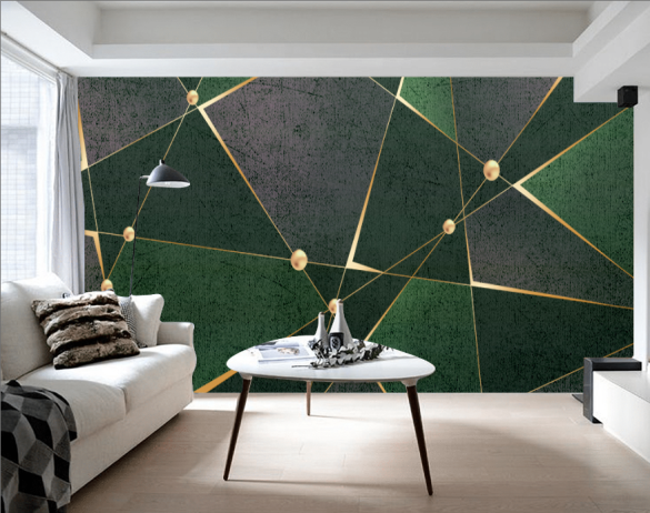 Gold Yeşil Geometrik Desenli 3D Duvar Kağıdı - 3