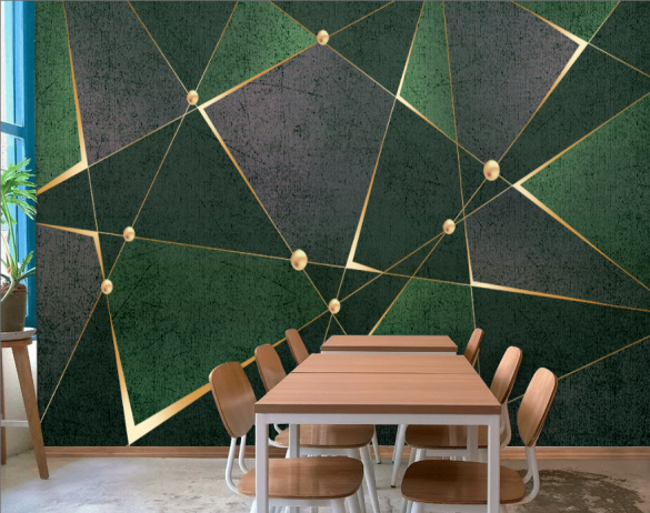 Gold Yeşil Geometrik Desenli 3D Duvar Kağıdı - 4