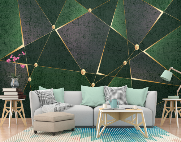 Gold Yeşil Geometrik Desenli 3D Duvar Kağıdı - 5