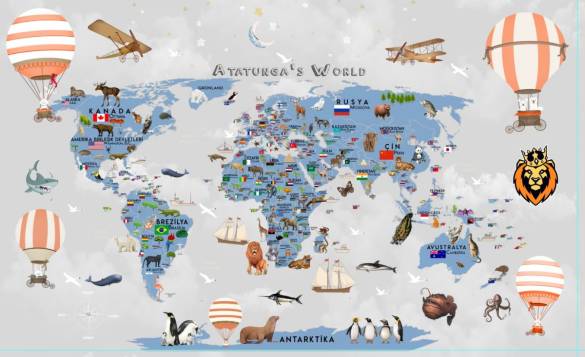 Dünya haritası çocuk odası duvar kağıdı bayraklı başkentli mavi kıtalar bebek odası duvar kağıdı