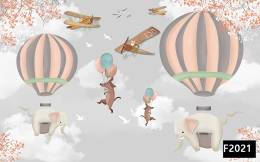 Gri gökyüzü uçan balonlar çocuk odası duvar kağıdı f2021