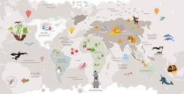 Hayvanlı Çocuk odası Dünya Haritalı duvar kağıdı